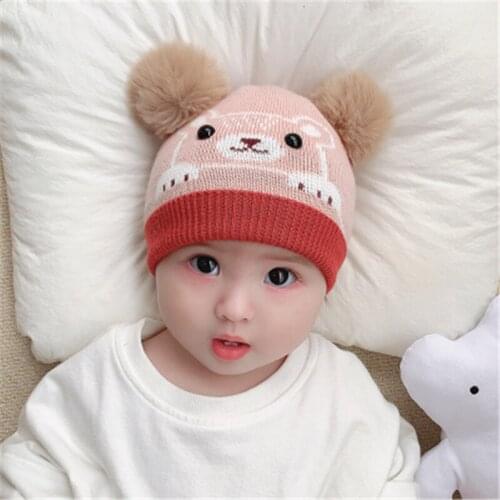 Winter Infant Newborn Kids Baby Wool Knitted Warm Bear Hat Cap Beanie hat With Two Double Pom Pom For Cute Boys Girl 3-18 months
