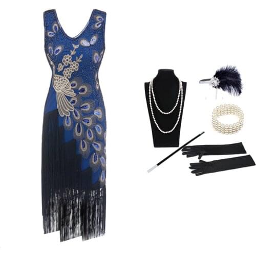 The 1920s retro sequined dress fringed peacock nail bead fashion banquet dress and headpiece gloves five-piece