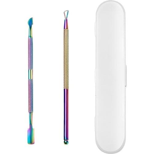 2Pcs Nail Care Tool Set Cuticle Pusher Dead Skin Remover Dual-ended Rainbow Color for Manicure Pedicure Cleaning