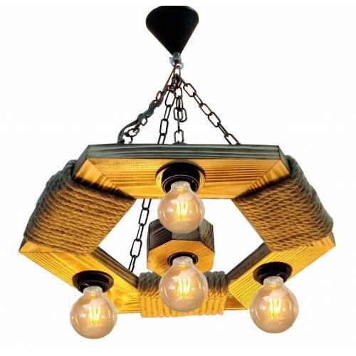 Wooden Chandelier Rope Pendant Lamp Quadruple Hexagon Ceiling Lamp Decorative Authentic Quality Real Wood Handmade Polished