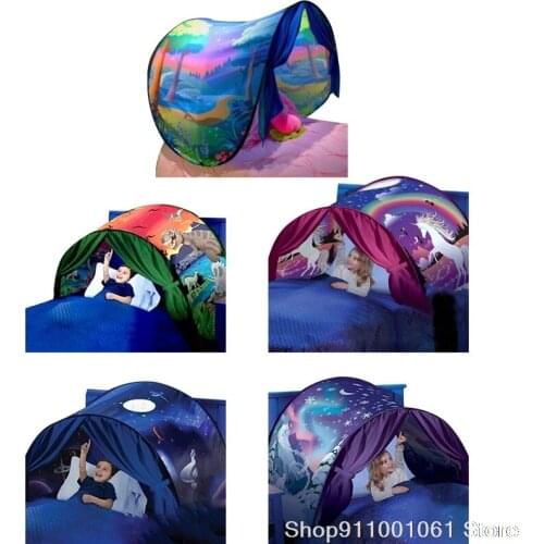 Kids Dream Bed Tents With Light Storage Pocket Children Boy Girls Night Sleeping Foldable Pop Up Mattress Tent Playhouse Unicorn