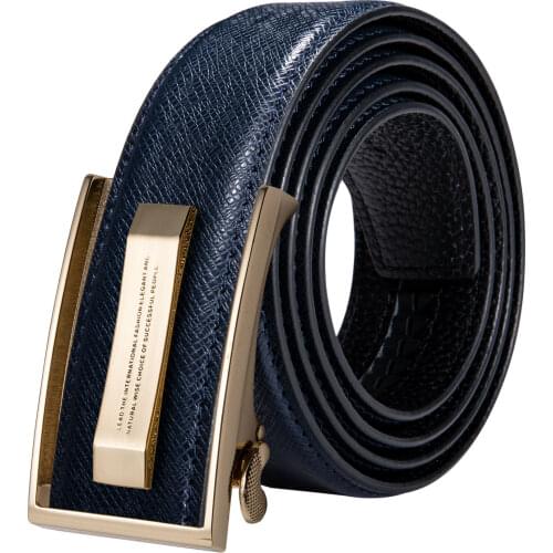 Hi-Tie Brand Simple Design Fashion Blue Leather Belts for Men Casual Jeans Leather Strap Cowboy Belts Luxury Gold Metal Buckle