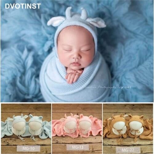 Dvotinst Newborn Baby Photography Props Soft Knitted Wraps 2021 Cute Cow Hats Bonnet 3pcs Set Studio Shooting Photo Props