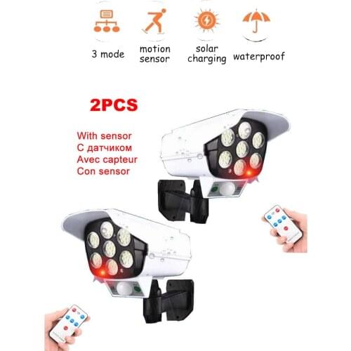 2pcs remote solar fake monitor dummy camera LED Light Outdoor Motion Sensor Wide Angle Illumination Waterproof Wall lamp for Gar