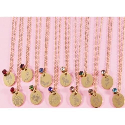 Fnixtar 12Pcs 45cm Round Discs Laser Birthday Flower Birthstone Necklace Mirror Polish Stainless Steel Chain Necklace For Womens