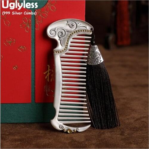 Uglyless Vintage Eastern Beauty Hair Combs for Women Real 999 Pure Silver Combs + Certificate Free Gift Packing Hair Decorations