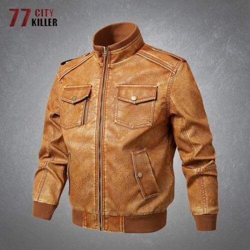 Retro PU Jacket Men Casual Loose Solid Color Stand Collar Leather Coats Male Multiple Pockets Motorcycle Faux Leather Jacket