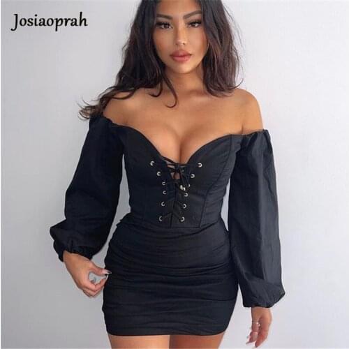 Josiaoprah Lace Up Sexy Dress Women Off Shoulder Long Sleeve Mini Backless Party Dress Pleated Bodycon Summer Dresses Vestidos