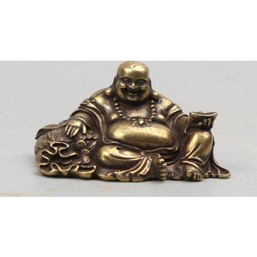 43MM/1.7"collect Curio Rare China Fengshui Small Bronze Exquisite Buddhism Yuen Bo Hop-pocket Maitreya Buddha Statue Statuary28g