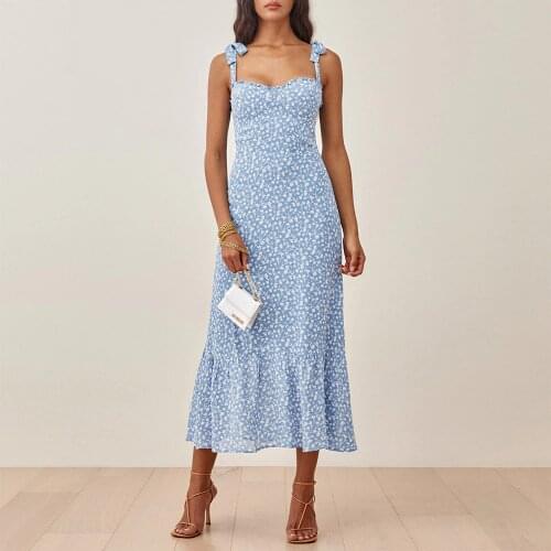 Summer Clothes For Women 2021 Sexy Strap Tie Sleeveless Vacation Beach Floral Dress Ruffle Edge Neck Elegant Chiffon Midi Dress
