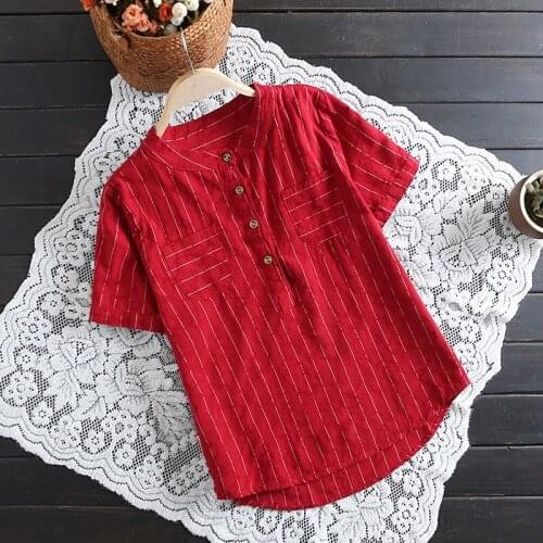 Literary folk-custom Style Cotton and Linen Tops Women Summer Loose Stand Collar Short Sleeve T-shirts