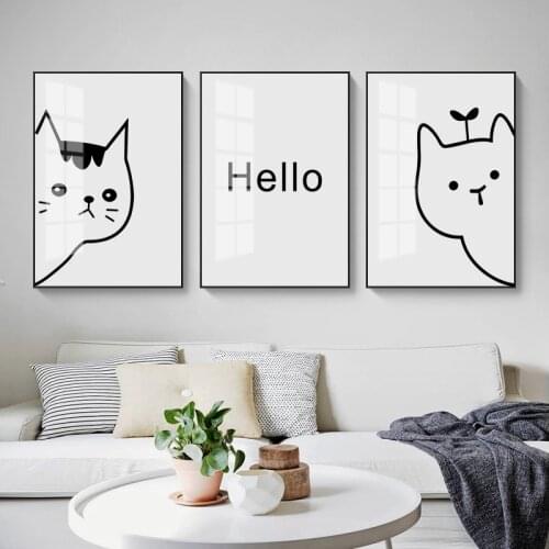 Minimalist Modern Cartoon Cat Wall Art Poster Nortic Line Drawing Black and White Animal Canvas Painting Home Decoration