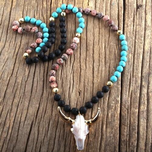 MD Fashion Bohemian Jewelry Sem Stone Knotted Horn Pendant Necklace For Women Boho Ethnic Necklace Gift