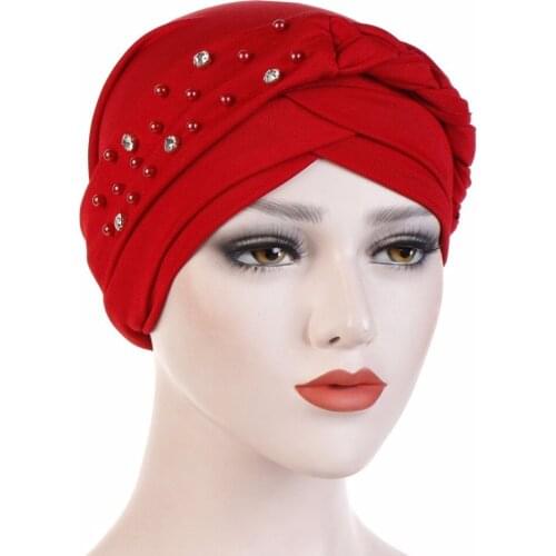Muslim Hats For Ladies Women India Hat Turban Rhinestones Head Beanie Pearl Beads Twist Cancer Chemo Hat Head Cap Bonnet