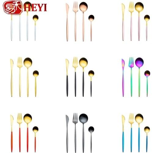 HEYI Dinnerware Sets Stainless Steel Cutlery Set Bright Gold-plated Tableware Western Steak Knife Fork Spoon CST