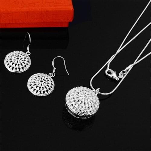 Hot new 925 sterling Silver Simple Retro Round necklace earrings Jewelry set for women Fashion Party wedding Christmas Gifts