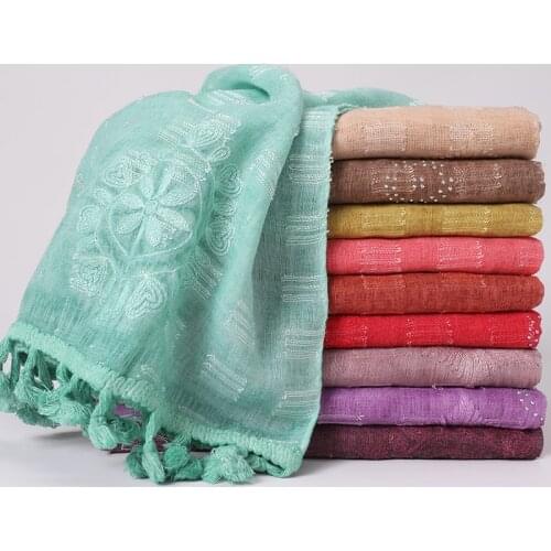 New Fashion Cotton Linen Scarf Hijab Embroidered Tassel Muslim Shawls Hot Rhinestone Crystal Islamic Headscarf Foulard