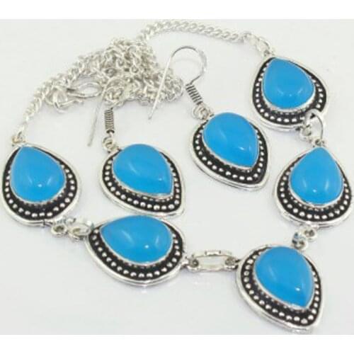 Aqua Chalcedony Necklace Earings Silver Overlay over Copper, 48 cm, N3363