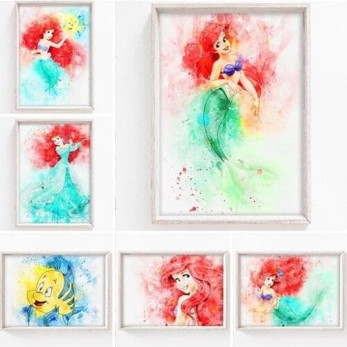 Mermaid Princess Anime Disney Watercolor Mermaid Posters and Prints Canvas Painting Nordic Cartoon Wall Art Decor Kid Home Decor