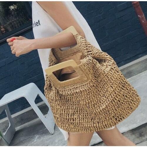 Casual Rattan Large Capacity Tote For Women Wicker Woven Wooden Handbags Summer Beach Straw Bag Lady Big Purses Travel Sac 2021