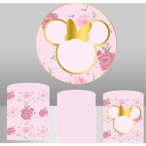 Pink Flower Round Background Circle Photo Backdrop Mouse Head Baby Shower Birthday Party Decoration Table Cylinder Cover 725