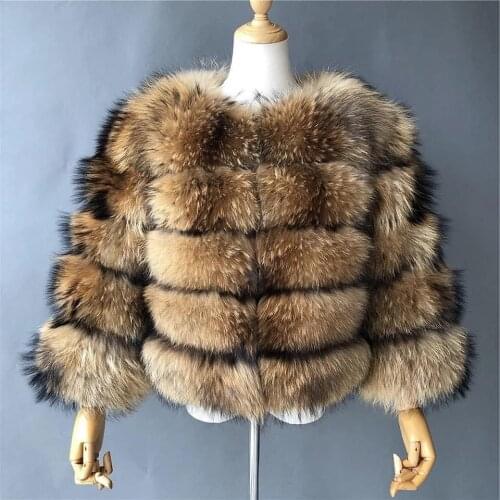 Real raccoon silver fox fur coat plus size clothes natural winter womens round neck short section warmth thick new leisure