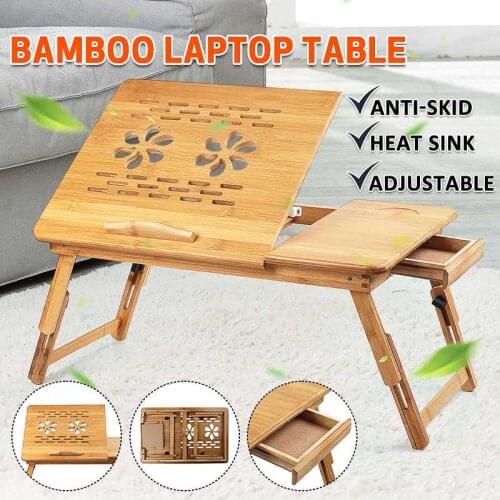 Bamboo Folding Laptop Desk Notebook Table Adjustable Breakfast Serving Tray Bed Table with Drawer Working in Bed Sofa W/Drawer