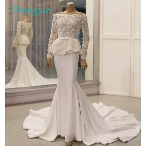 Chengjun Vintage Boat Neck Lace Beading Mermaid Long Sleeve Wedding Dress