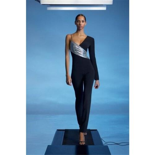 Top Quality Celebrity Rompers One Shoulder Long Sleeve Patchwork Black & Silver Fashion Women Bandage Jumpsuits