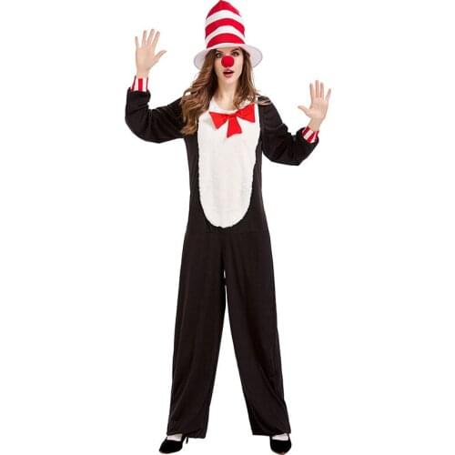 Funny Circus Show Black Cat Clown Magician Holiday Conjoined Black and White Plush Loose Cute Pajamas