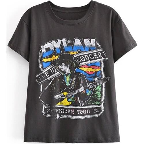 Womens casual loose round-necked and guitar printed top womens loose T-shirt tees