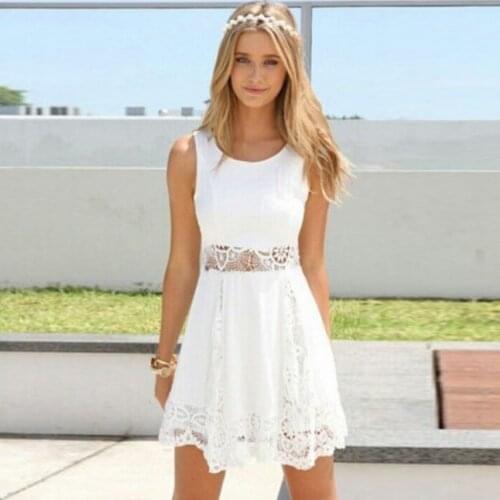 Women Sleeveless White Dress Lace Stitching Round Neck Skirt