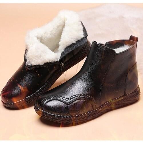 2021 Genuine Leather Winter Ankle Boots Warm Fur Ladies Shoes Thick Plush Booties Zip-up Waterproof Footwear Women Snow Boots