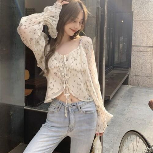 Korean V-neck Lace-up Chiffon Shirts Fresh Floral Print Flare Long Sleeve Blouse Women Summer Chic Elegant Slim Crop Blusas
