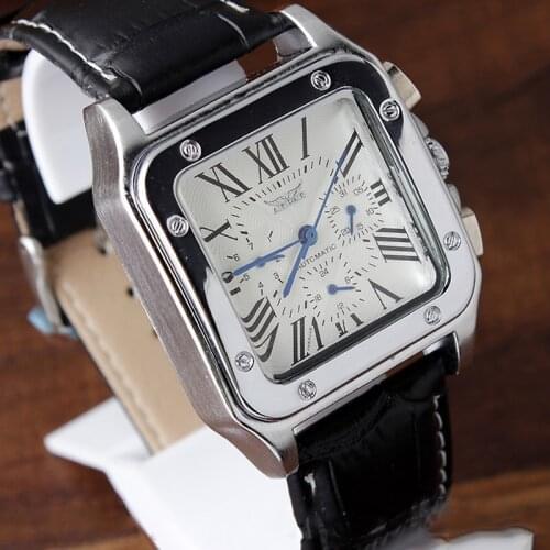 Unique Square Automatic Mechanical Self-Winding Men Watch Calendar Display Roman Numbers Leather Strap Wrist Watch Gifts