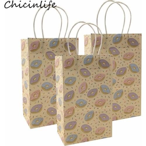 Chicinlife 5Pcs Doughnut Kraft Paper Bag with Handles Birthday Baby Shower Candy Bar Donut Party gift Bag Wedding Decoration