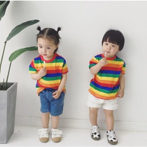 Childrens T Shirt Baby Boys Girls Rainbow Striped T Shirt Kids Short Sleeves Top Tees Toddler Cotton Wild Casual Tee Shirt Tops
