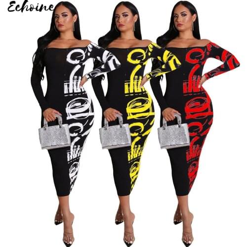 Echoine Sexy Note Print Off Shoulder Patchwork Long Dress Fashion Slash Neck Long Sleeve Skinny Waist Elegant Skirt Daily Office
