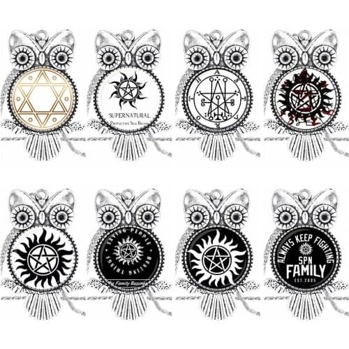 EJ Glaze Sam Dean Winchester Seal For Women Girls Handmade Glass Cabochon Pendant Necklace Owl Fashion Necklace