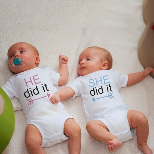 He/she Did It Twin Baby Outfits Twin Baby Onesies Baby Girls Boys Summer Short Sleeve Bodysuits Twins Baby Shower Gift