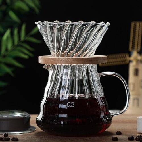 Wood Filter + Striped Coffee Pot Drip Coffee Set Handheld Coffee Pot Coffee Filter Cup Coffee Sharing Pot