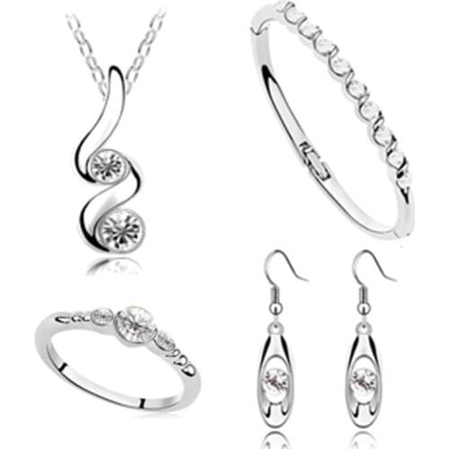 Fine jewelry 925 sterling silver for ladies wedding four-piece white crystal set necklace earrings bracelet ring set yw028