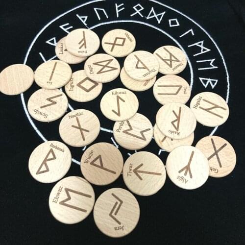 25pcs/set handmade wooden Viking runes kit symbols beads Gypsy rune Divination sign wizard ritual Props with cloth bag