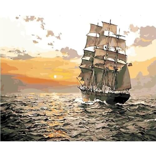DIY Digital Painting By Numbers sunset sailboat oil painting mural Kits Coloring Wall Art Picture Gift frameless