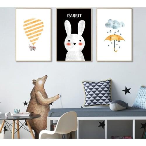 Cartoon Animal Wall Art Poster Baby Nursery Painting Rabbit Elephant Balloon Canvas Painting Nordic Kids Room Decoration Picture