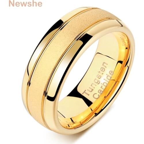 Newshe Golden Color Mens Charm Finger Rings 8mm Tungsten Carbide Frosted Bands Wedding Jewelry For Men Size 9-12 TRX059