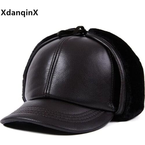 XdanqinX new winter genuine leather hat mens cowhide leather baseball cap warm earmuff cap thick velvet winter hats for elderly