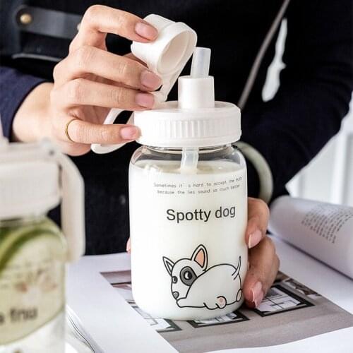 New 450ml Kawaii Shiba Inu Corgi Dog Transparent Water Bottle With Straw Creative Cartoon Portable Clear Glass Cup Sport Bottles