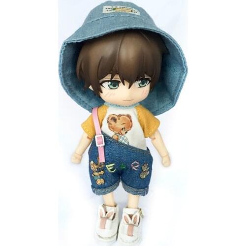 3Pcs/Set Ob11 Clothes Fisherman Hat+short-sleeved T-shirt+denim Overalls Pants for Obitsu11,molly, Gsc, 1/12bjd Doll Clothing