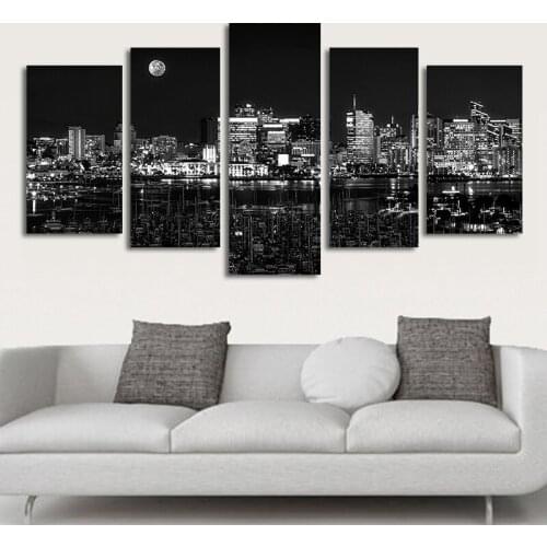 Modern Poster 5 Pieces of Black and White City Night Scene Canvas Painting Wall Art for Living Room Home Decoration Frameless